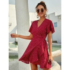 Polka Dot Knot Side Wrap A line Dress red